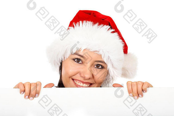 手持圣诞白卡的女圣诞老人-在白色背景上隔离