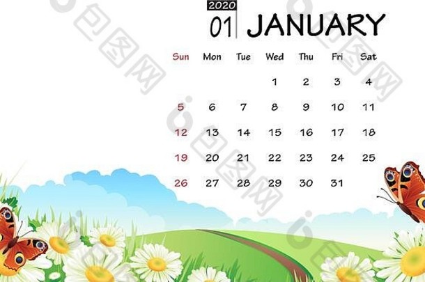 2020年1月花卉背景上的日历概念横幅。桌面日历布局。自然插图。图解的日记封面的设计元素。打印