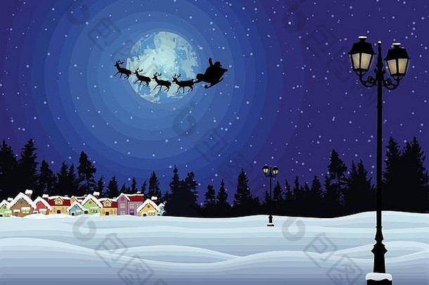 美丽的雪景中，满月前的圣诞老人雪橇