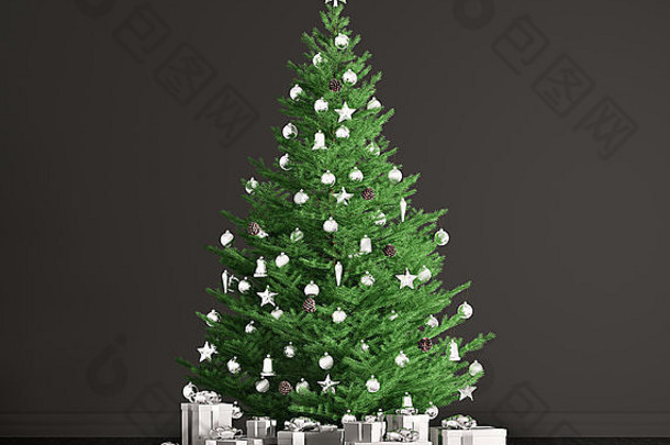 室内房间圣诞节冷杉树白色礼物黑色的墙呈现
