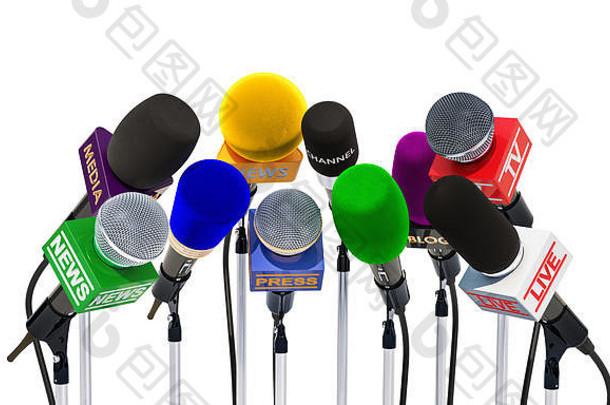 用于新闻发布会或采访的不同大众媒体、广播、电视和媒体的麦克风。三维渲染