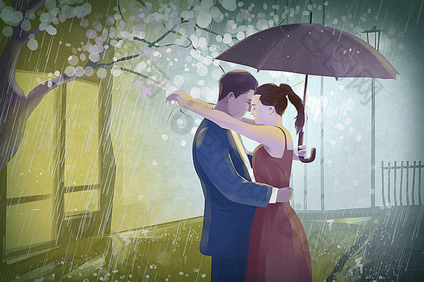 雨中抱着伞的情侣的插图