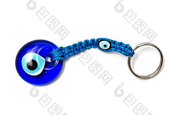 蓝色的猫眼睛钥匙链孤立的白色背景