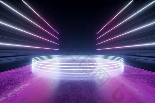 科幻舞台讲台激光霓虹灯三角结构网络虚拟外星人飞船紫蓝色潘通未来派隧道大厅混凝土金属宇宙Mo