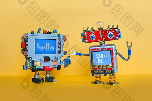 闲谈，聊天机器人机器人欢迎安卓机器人字符有创意的设计玩具黄色的背景