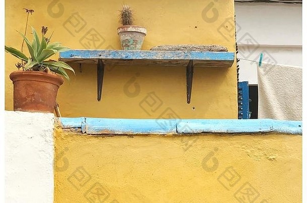 黄色的<strong>墙</strong>壁和蓝色的架子上有两个陶土花盆，后面院子里挂着一眼洗好的衣服
