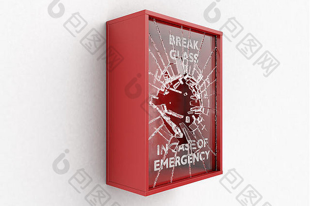 一个空的红色应急箱，在一个孤立的背景上，正面有一块破碎的应急玻璃-3D渲染