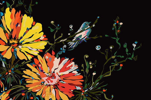 一只鸟坐在一朵花上，被隔离在黑色插图上