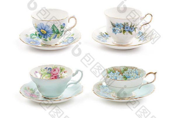 四个漂亮的古董茶杯的高分辨率特写镜头，茶托与白色背景隔离。