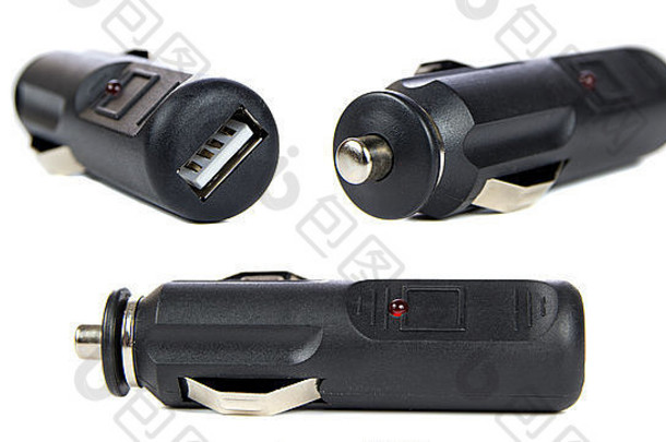 黑色USB电子设备车载充电器隔离在白色