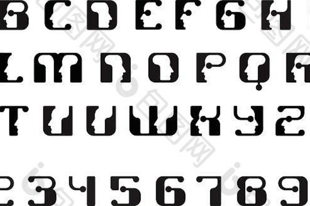 英文字体大写字母。标志-电子机器人的人脸，用于计算机主题、科学等，复古风格。