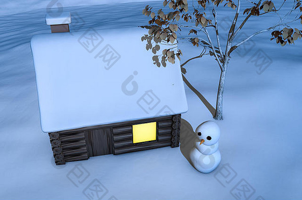 3d渲染、雪人和冬季小屋