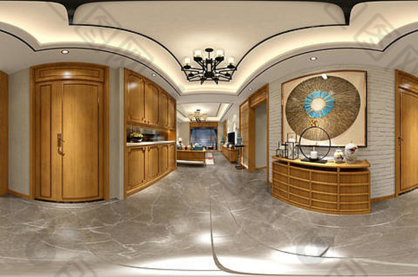360度家庭内部，客厅和餐厅。
