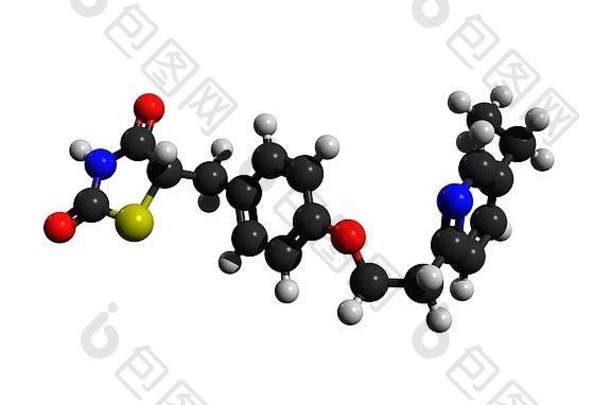 吡格列酮分子（Actos，Glustin），一种治疗糖尿病的噻唑烷二酮类处方药；三维渲染