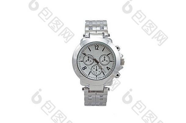 银色男式腕表，经典圆形，金属表带腕表，白色钟面表盘和计时功能。偏远的