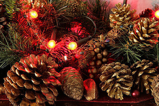 <strong>圣诞</strong>灯饰和冷杉球果，呈红绿色和金色