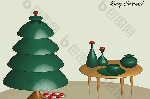 室内<strong>家居场景</strong>，配圣诞树和绿色装饰花瓶插图