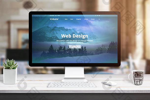 现代网页设计在电脑上显示。网站设计工作室工作台的概念。