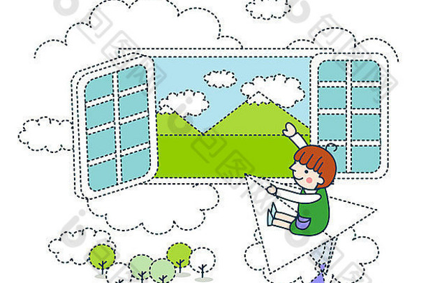 一个女孩坐在纸飞机上靠着窗户飞行的插图