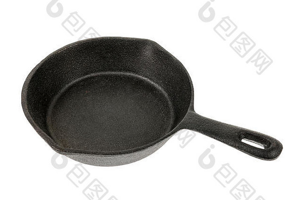 铸铁黑色煎锅，白色背景，侧视图