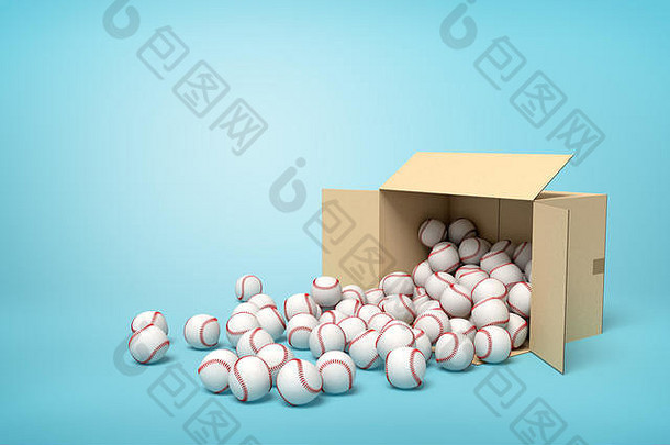 打开的纸板箱的3d渲染横卧着，里面装满了棒球，还有一些球落在地板上。