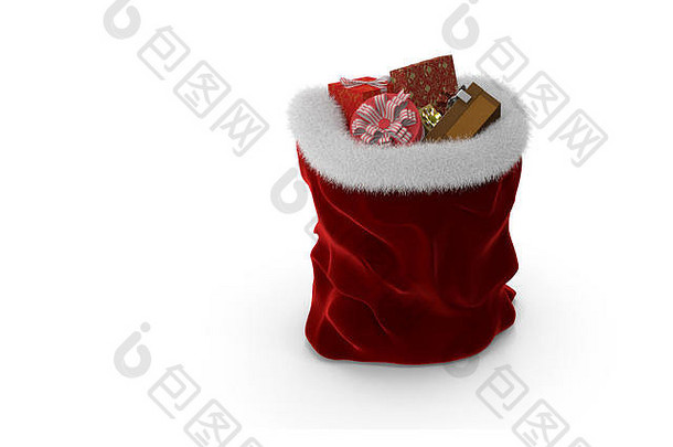 圣诞老人红色天鹅绒装饰着白色毛皮，里面装满了各种各样的礼物。以白色背景呈现。