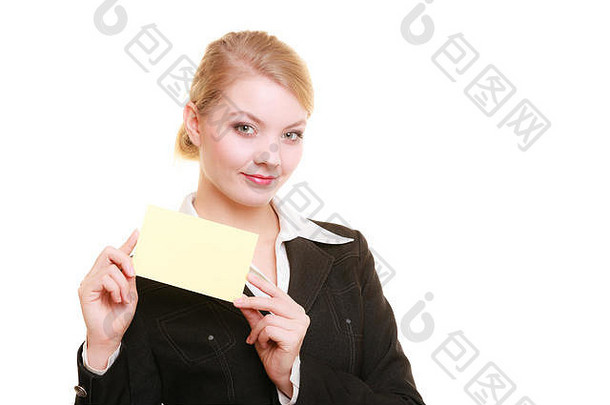 广告年轻的女人持有空白复制空间黄色的业务卡孤立的白色女商人推荐产品