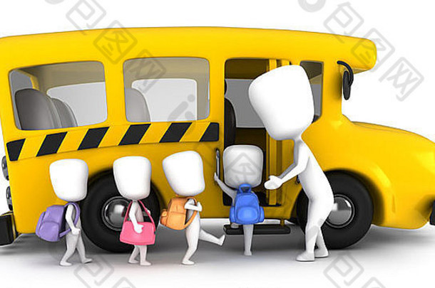 儿童被引导进入校车的3D插图