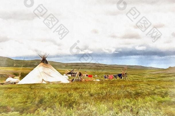 驯鹿游牧民族的传统的营极地乌拉尔色彩斑斓的绘画图片