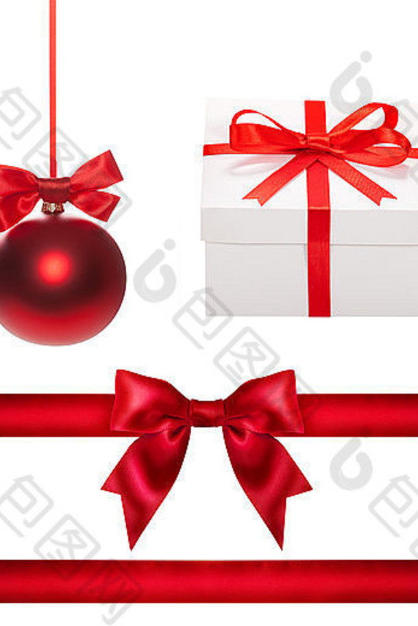 为设计而设。红色圣诞球、丝带、蝴蝶结、礼品盒