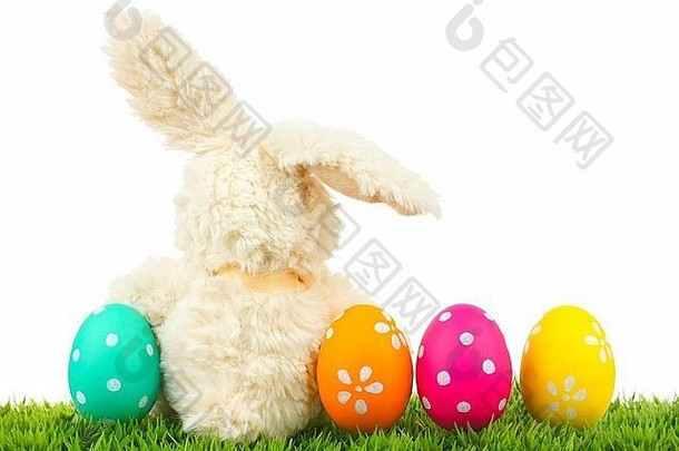 白色背景草地上彩蛋的复活节兔子