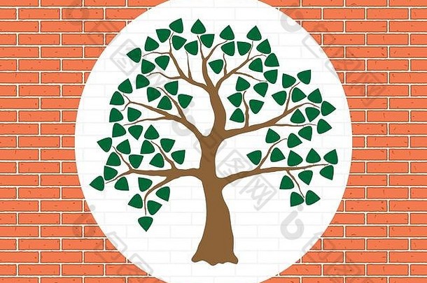 橙色砖墙上的树木插图。棕色的树，绿色的叶子。墙面装饰