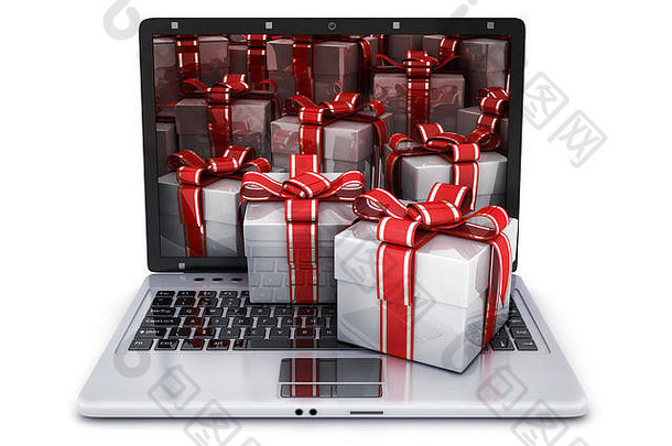 笔记本电脑和屏幕上的许多礼物。在3d插图中完成