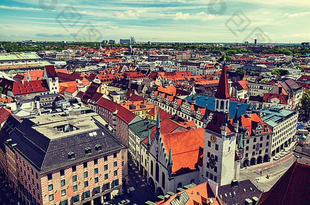 古董复古的效果过滤后的赶时髦的人风格旅行图像空中视图慕尼黑<strong>玛利亚广场</strong>老市政厅巴伐利亚细菌