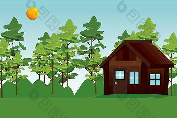 自然山林景观和小屋