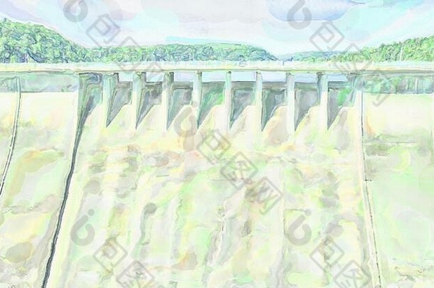 水彩画插图：从陆地一侧看，哈兹山脉一座旧水坝的混凝土坝墙