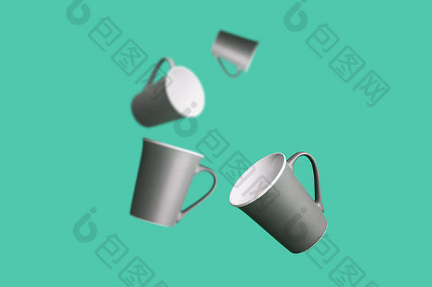 飞行概念组深棕灰色陶瓷咖啡茶杯绿色背景简约风格