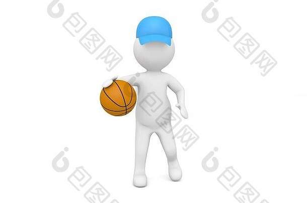 3d角色在白色背景下玩篮球。3d渲染插图。