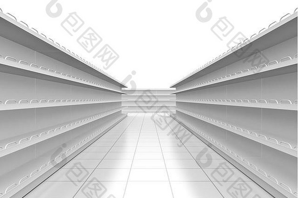 一条超市走廊，白色背景上有空货架（3d渲染）