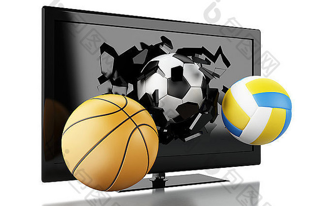 3d渲染器插图。运动球打破了电视屏幕。现场体育概念