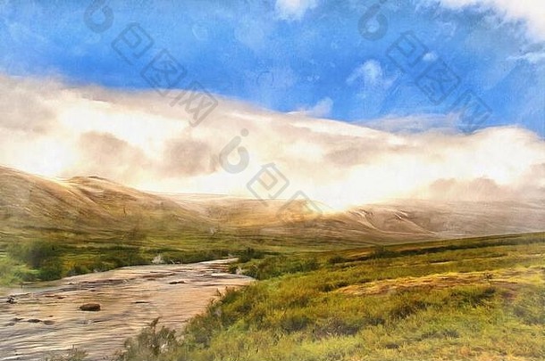 美丽的山景观极地乌拉尔色彩斑斓的绘画图片