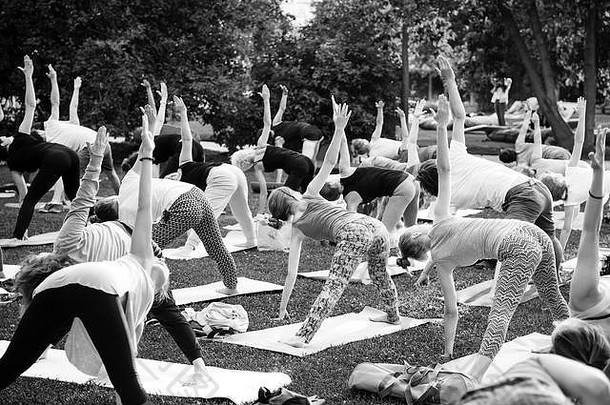 日落时分，一群年轻人在公园里练瑜伽