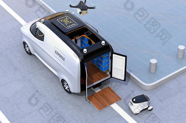 无人驾驶的无人机机器人你街自动交付系统概念呈现图像