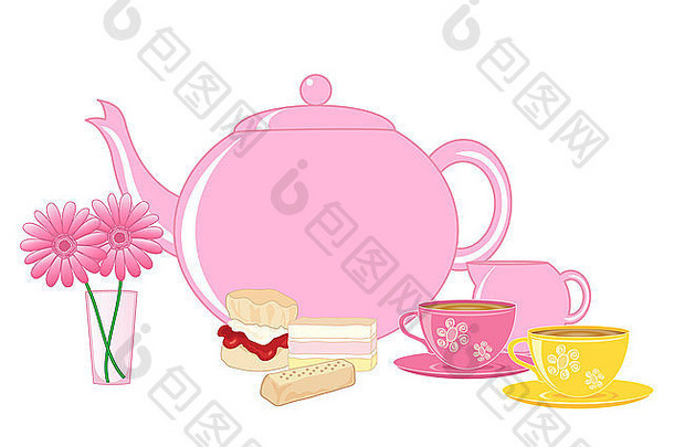 插图传统的英语奶油茶茶壶杯蛋糕白色背景