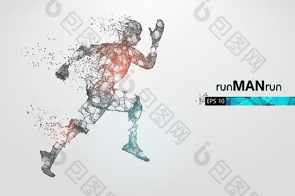 线框跑步运动员的抽象轮廓，白色背景上的男子。运动员跑短跑和马拉松。