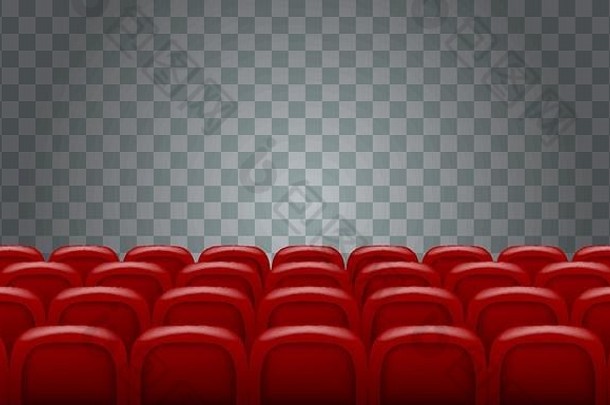 透明背景上的一排排真的红色电影院座位。