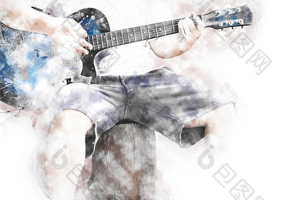 抽象优美的原声吉他在水彩绘画背景和数码插画上的前景画笔艺术。