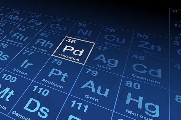 元素周期表上的元素钯。具有符号Pd和原子序数46的化学元素。过渡金属。