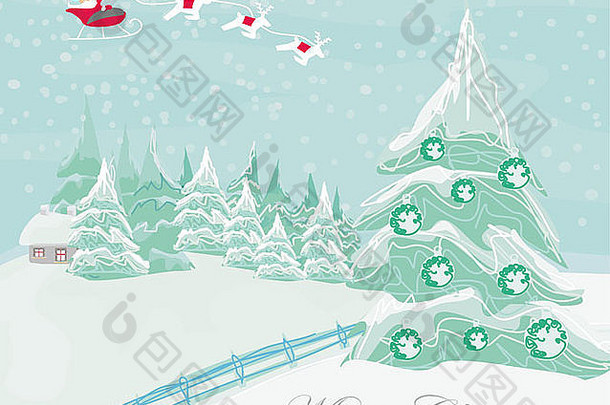 圣诞老人和冬季风景新年快乐卡