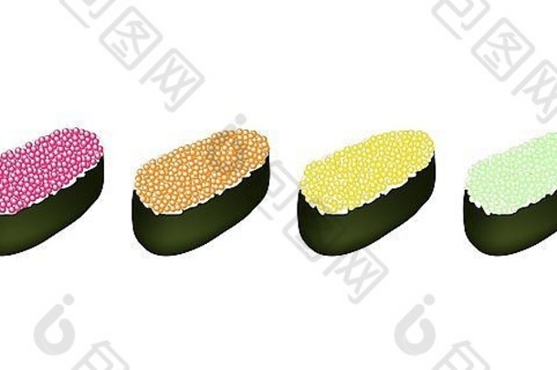 日本料理，美味的粉色、橙色、黄色和绿色的Ebiko寿司、Tobiko寿司或飞鱼鱼子酱寿司插图